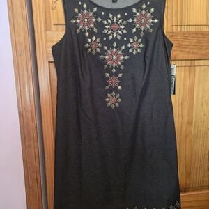 Dana Buchman Grey Shift Dress With Burnt Orange & Gold Embellishments